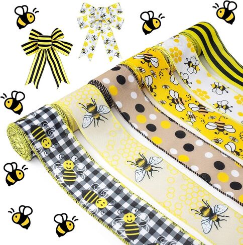 Bee Ribbons 6 Rolls Bumble Bee Ribbon Wired Bees Crafts 2.5 Inch 40 Yards Spring Summer Ribbon Yellow Stripe Gingham Dot Honey Bee Ribbon for Wrapping Bows Gift DIY Crafts Sewing Ornaments in Saudi Arabia