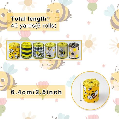 Bee Ribbons 6 Rolls Bumble Bee Ribbon Wired Bees Crafts 2.5 Inch 40 Yards Spring Summer Ribbon Yellow Stripe Gingham Dot Honey Bee Ribbon for Wrapping Bows Gift DIY Crafts Sewing Ornaments in Saudi Arabia