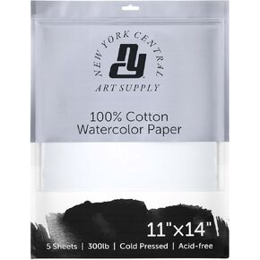 New York Central Watercolor Paper - 16x20-1 Pack of 5 Sheets - 300 lb. Cold Press - 100% Cotton, Acid-Free, Archival Quality, Bright White Watercolor Paper Pad for Wet & Dry Media in Kuwait