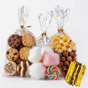 INFLORAL 100 Pcs Premium Clear Cellophane Bags 6x10 inch with Gold Twist Ties, Food-Grade Tear-Resistant Treat Bags for Cookies, Candy, Popcorn & Party Favors, Gift Giving & Bakery Packaging in Saudi Arabia