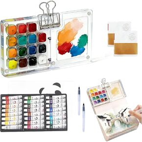 Mini Watercolor Travel Set - 24 Colors Travel Watercolor Kit with 2 Sketchbooks & 2 Water Brushes & Copper Clip, Magnetic Folding Palette for Outdoor Painting, Artists and Painting Enthusiasts in Saudi Arabia