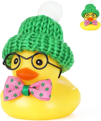 Green Knit Hat Bow Tie Duck Car Dashboard Decoration - Squeezable Rubber Duck with Glasses, DIY Accessories, Stress Relief Decor for Car Interior & Home Decor in Saudi Arabia