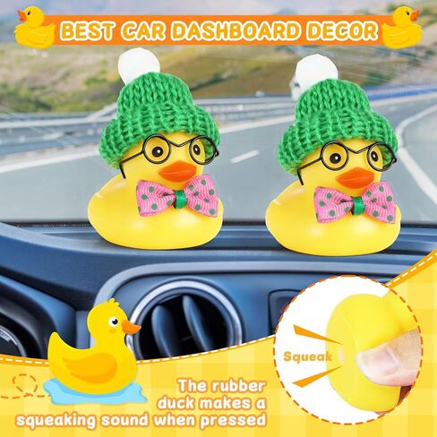 Green Knit Hat Bow Tie Duck Car Dashboard Decoration - Squeezable Rubber Duck with Glasses, DIY Accessories, Stress Relief Decor for Car Interior & Home Decor in Saudi Arabia
