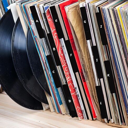 chiazllta 28Pcs Vinyl Album Divider Cuttable A-Z Record Divider DVD Cd File Alphabe Tab Record Organizer with Large Index Card Holder for Vinyl LP, Label on Single Side, 13.6 x 12 Inches(Black) in Kuwait