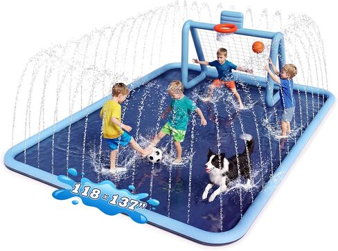 Splash Pad for Kids, 3-in-1 Sprinkler Splash Pad with Soccer Goal & Basketball Hoop, 118"x137" Extra Large Non-Slip Water Play Mat, Outdoor Water Toys for Kids, Backyard Summer Fun in Saudi Arabia