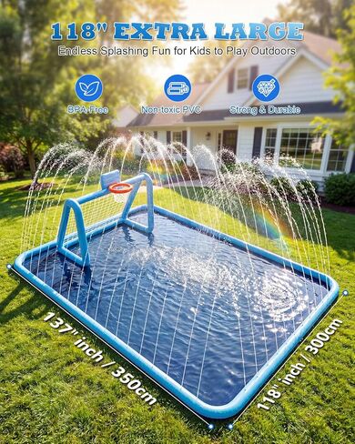 Splash Pad for Kids, 3-in-1 Sprinkler Splash Pad with Soccer Goal & Basketball Hoop, 118"x137" Extra Large Non-Slip Water Play Mat, Outdoor Water Toys for Kids, Backyard Summer Fun in Saudi Arabia