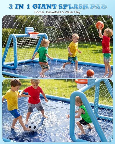 Splash Pad for Kids, 3-in-1 Sprinkler Splash Pad with Soccer Goal & Basketball Hoop, 118"x137" Extra Large Non-Slip Water Play Mat, Outdoor Water Toys for Kids, Backyard Summer Fun in Saudi Arabia