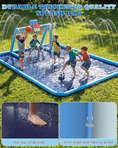 Splash Pad for Kids, 3-in-1 Sprinkler Splash Pad with Soccer Goal & Basketball Hoop, 118"x137" Extra Large Non-Slip Water Play Mat, Outdoor Water Toys for Kids, Backyard Summer Fun in Saudi Arabia