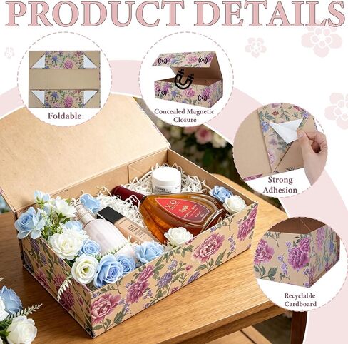 RayofSun Vintage Kraft Floral Gift Box with Magnetic Lids 13.7x9x4.3inch,Large Bridesmaid Proposal Boxes, Rectangle Decorative Storage Box for Wedding Birthday Mother's Day Presents,1 Pack in Saudi Arabia