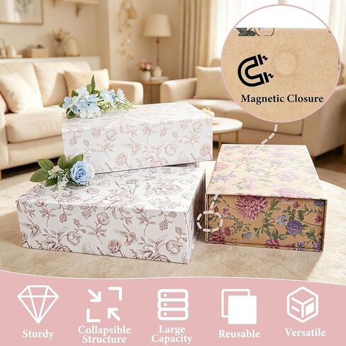 RayofSun Vintage Kraft Floral Gift Box with Magnetic Lids 13.7x9x4.3inch,Large Bridesmaid Proposal Boxes, Rectangle Decorative Storage Box for Wedding Birthday Mother's Day Presents,1 Pack in Saudi Arabia