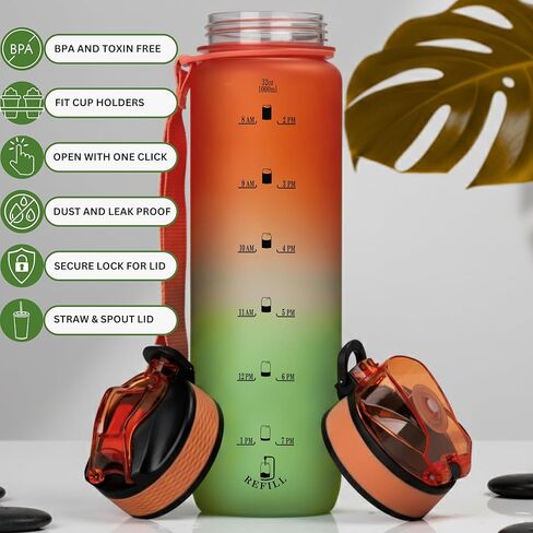 32oz Titan Water Bottle with Time-Marked, 2 Lids (Fast Flow & Straw) - BPA/BPS-Free, Leak-Proof, Airtight, Reusable Water Bottle with Anti-Slip Coating - Perfect for Sports, Hiking (Black) in Saudi Arabia