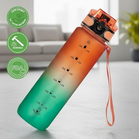 32oz Titan Water Bottle with Time-Marked, 2 Lids (Fast Flow & Straw) - BPA/BPS-Free, Leak-Proof, Airtight, Reusable Water Bottle with Anti-Slip Coating - Perfect for Sports, Hiking (Black) in Saudi Arabia