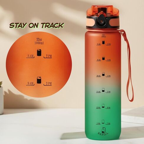 32oz Titan Water Bottle with Time-Marked, 2 Lids (Fast Flow & Straw) - BPA/BPS-Free, Leak-Proof, Airtight, Reusable Water Bottle with Anti-Slip Coating - Perfect for Sports, Hiking (Black) in Saudi Arabia