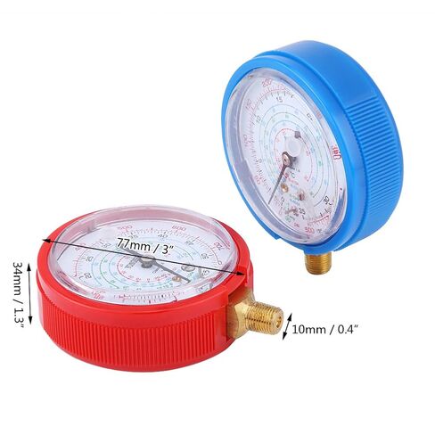 R410A R134A R22 Refrigerant Gauge Set Precise Indicator for ChargingEvacuation, Blue + Red, 0-800psi/0-500psi, BrassPlastic, 3" X 1.3" for HVAC Professionals in Kuwait