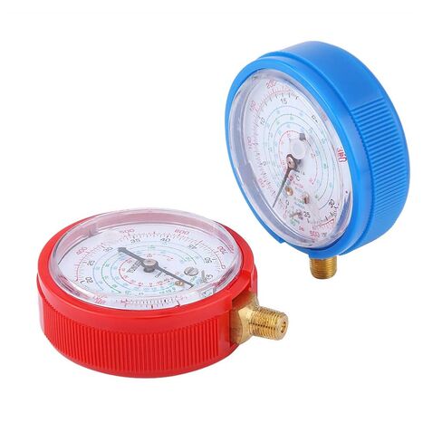 R410A R134A R22 Refrigerant Gauge Set Precise Indicator for ChargingEvacuation, Blue + Red, 0-800psi/0-500psi, BrassPlastic, 3" X 1.3" for HVAC Professionals in Kuwait