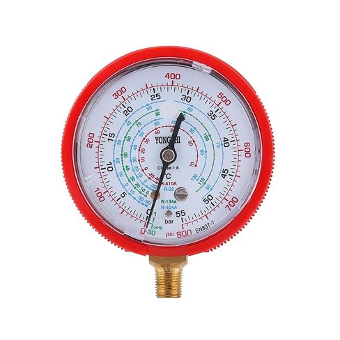 R410A R134A R22 Refrigerant Gauge Set Precise Indicator for ChargingEvacuation, Blue + Red, 0-800psi/0-500psi, BrassPlastic, 3" X 1.3" for HVAC Professionals in Kuwait