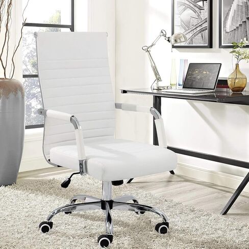 KaiMeng Ribbed Office Desk Mid Back Computer Chair Height Adjustable Conference Executive Task Swivel PU Leather (White) in Kuwait