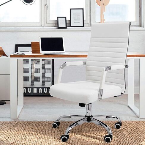KaiMeng Ribbed Office Desk Mid Back Computer Chair Height Adjustable Conference Executive Task Swivel PU Leather (White) in Kuwait