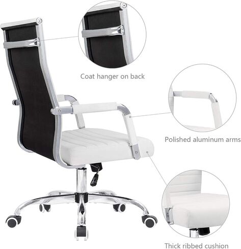 KaiMeng Ribbed Office Desk Mid Back Computer Chair Height Adjustable Conference Executive Task Swivel PU Leather (White) in Kuwait