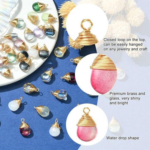 KitBeads 50 قطعة من حليات قطرة الماء الزجاجية الشفافة الملونة المطلية بالذهب على شكل دمعة لصنع المجوهرات in Kuwait