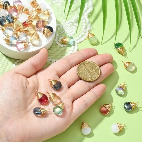KitBeads 50 قطعة من حليات قطرة الماء الزجاجية الشفافة الملونة المطلية بالذهب على شكل دمعة لصنع المجوهرات in Kuwait