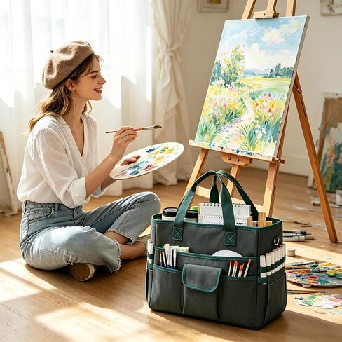 Freebat Craft Organizer Tote Bag with Multiple Pockets & Detachable Shoulder Strap, Art Storage Caddy for Pencil, Stationary, Book, Craft, Art, Office Supplies (Green) in Saudi Arabia