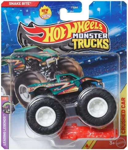 Hot Wheels Monster Trucks Snake Bite, Leading Legends 1/3 [Includes Crushed Car] New for 2026! 1:64 Scale Diecast Toy Vehicle in Kuwait