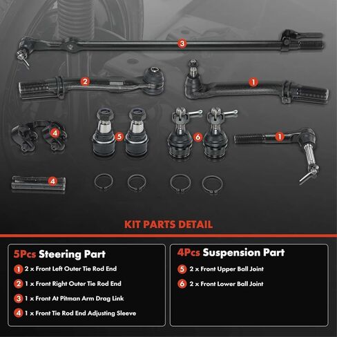 A-Premium Set of 9, Front Upper & Lower Ball Joint, Outer Tie Rod End with Sleeve, Drag Link At Pitman Arm, Compatible with Ford F-250/350 Super Duty 2005-2010, 4WD Only & Without Extended Axle in Kuwait