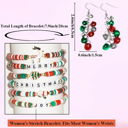 Christmas Bracelet Set for Women, Christmas Elastic Bracelets Necklace Drop Earrings, Bells, Christmas Hats, Santa Claus Christmas Set, Red Green Festival Set for Party in Saudi Arabia