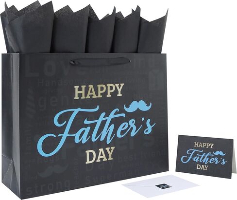 Qirrmiy 16.5'' Extra Large Father's Day Bag Gift Bag Set with Handles, Greeting Card, Black Tissue Papers and Stickers for Men for Best Dad Ever, Dad Day, Father's Day Design, 1 Pcs in Kuwait