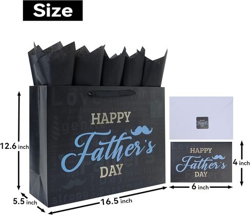 Qirrmiy 16.5'' Extra Large Father's Day Bag Gift Bag Set with Handles, Greeting Card, Black Tissue Papers and Stickers for Men for Best Dad Ever, Dad Day, Father's Day Design, 1 Pcs in Kuwait
