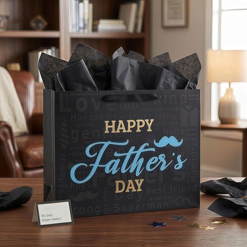Qirrmiy 16.5'' Extra Large Father's Day Bag Gift Bag Set with Handles, Greeting Card, Black Tissue Papers and Stickers for Men for Best Dad Ever, Dad Day, Father's Day Design, 1 Pcs in Kuwait