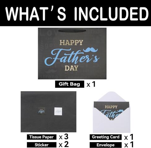 Qirrmiy 16.5'' Extra Large Father's Day Bag Gift Bag Set with Handles, Greeting Card, Black Tissue Papers and Stickers for Men for Best Dad Ever, Dad Day, Father's Day Design, 1 Pcs in Kuwait