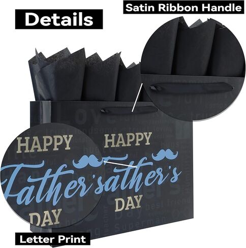 Qirrmiy 16.5'' Extra Large Father's Day Bag Gift Bag Set with Handles, Greeting Card, Black Tissue Papers and Stickers for Men for Best Dad Ever, Dad Day, Father's Day Design, 1 Pcs in Kuwait