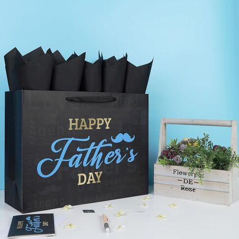 Qirrmiy 16.5'' Extra Large Father's Day Bag Gift Bag Set with Handles, Greeting Card, Black Tissue Papers and Stickers for Men for Best Dad Ever, Dad Day, Father's Day Design, 1 Pcs in Kuwait