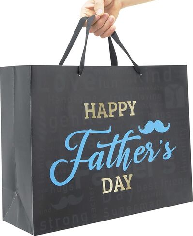 Qirrmiy 16.5'' Extra Large Father's Day Bag Gift Bag Set with Handles, Greeting Card, Black Tissue Papers and Stickers for Men for Best Dad Ever, Dad Day, Father's Day Design, 1 Pcs in Kuwait