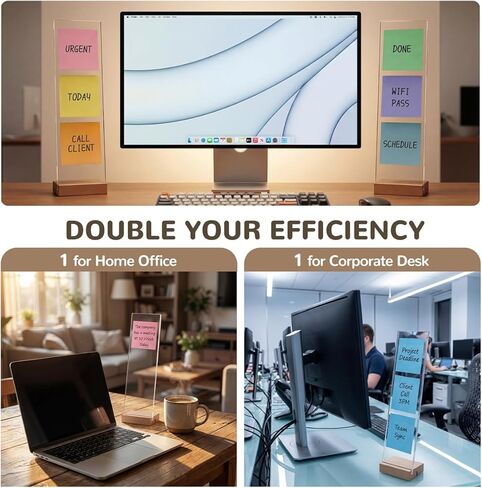 2-Pack Monitor Memo Board & Sticky Note Holder, Freestanding Acrylic Computer Desk Accessories with Wood Base, Zero Adhesive Screen Note Board for Office Organization Decor in Saudi Arabia