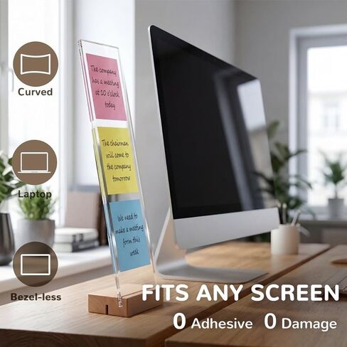2-Pack Monitor Memo Board & Sticky Note Holder, Freestanding Acrylic Computer Desk Accessories with Wood Base, Zero Adhesive Screen Note Board for Office Organization Decor in Saudi Arabia