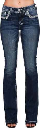 Miss Me Women's Silver Filigree Border Embellished Faux Flap Pockets Mid-Rise Bootcut Jeans in Saudi Arabia