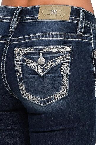 Miss Me Women's Silver Filigree Border Embellished Faux Flap Pockets Mid-Rise Bootcut Jeans in Saudi Arabia