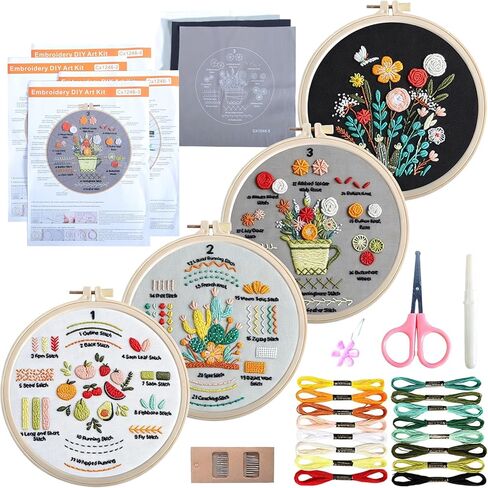 Embroidery Kit for Beginners 4 Sets Cross Stitch Kits, Learn to Embroider 31 Stitches with Hand Embroidery Kit, Needlepoint Kits for Adults Beginners with Stitch Videos in Kuwait