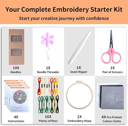 Embroidery Kit for Beginners 4 Sets Cross Stitch Kits, Learn to Embroider 31 Stitches with Hand Embroidery Kit, Needlepoint Kits for Adults Beginners with Stitch Videos in Kuwait