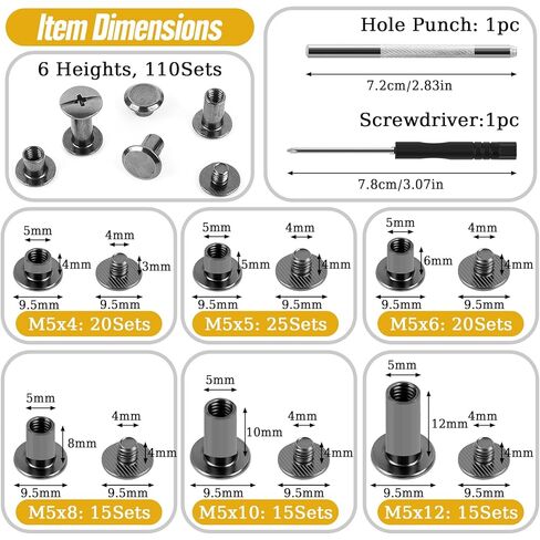 110 Sets Chicago Screws Kit- M5x4,5,6,8,10,12mm Assorted Leather Screw Rivets Phillip Head Book Binding Screws Spike and Studs for DIY Repair Leather Craft Belt Bag Shoes Purse Bookbinding in Kuwait