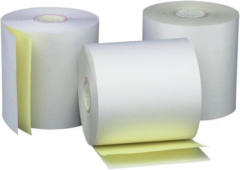 (46 Rolls + 6 Ribbons) 2 Ply Carbonless Rolls 3" X 95 Feet White/Yellow Receipt Paper POS Cash Register White/Canary With 6 Pcs of ERC 30/34/38 Ribbons in Saudi Arabia