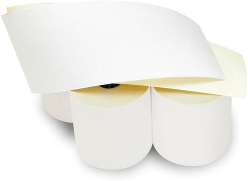 (46 Rolls + 6 Ribbons) 2 Ply Carbonless Rolls 3" X 95 Feet White/Yellow Receipt Paper POS Cash Register White/Canary With 6 Pcs of ERC 30/34/38 Ribbons in Saudi Arabia