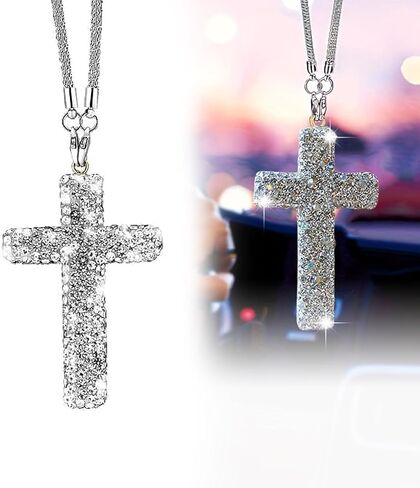 Car Hanging Ornament, Bling Personality Cross Rearview Mirror Pendant, Rhinestone Cross Religious Decorative Accessories, Universal for Most Vehicles, Backpacks (Silver) in Saudi Arabia