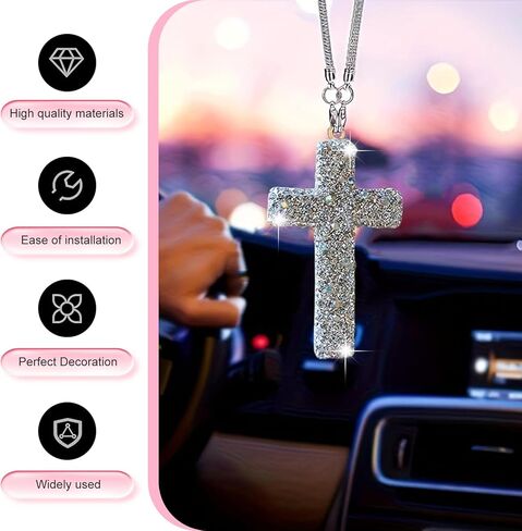 Car Hanging Ornament, Bling Personality Cross Rearview Mirror Pendant, Rhinestone Cross Religious Decorative Accessories, Universal for Most Vehicles, Backpacks (Silver) in Saudi Arabia