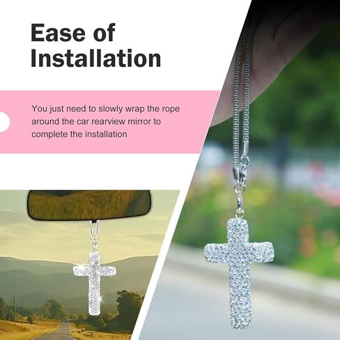 Car Hanging Ornament, Bling Personality Cross Rearview Mirror Pendant, Rhinestone Cross Religious Decorative Accessories, Universal for Most Vehicles, Backpacks (Silver) in Saudi Arabia