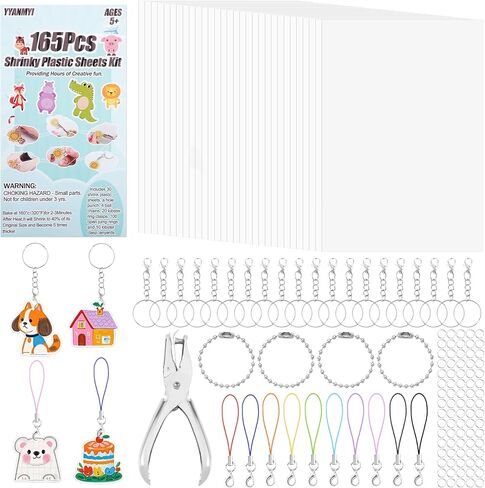 YYANMYI 165Pcs Shrink Paper Keychain Kit, Includes 30Pcs Shrinky Plastic Sheets 7.9"x5.7",Hole Punch, Lobster Clasps,Jump Rings DIY Crafts for Kids Teens Adults in Kuwait