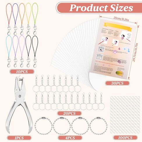 YYANMYI 165Pcs Shrink Paper Keychain Kit, Includes 30Pcs Shrinky Plastic Sheets 7.9"x5.7",Hole Punch, Lobster Clasps,Jump Rings DIY Crafts for Kids Teens Adults in Kuwait